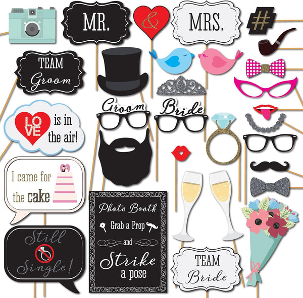 Wedding Photo Booth Props, 8 x 10-Inch Sign, 45 Adhesive Pads, 35 Wooden Sticks for Wedding Backdrop