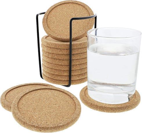 12 Set Cork Coasters with Lip for Drinks, 4 Inch Thick Rustic Saucer with Metal Holder, Heat & Water Resistant