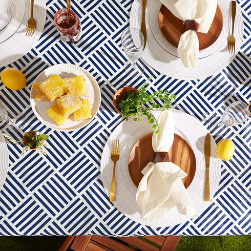 60x102, DII Indoor/Outdoor Vinyl Tabletop Collection Grid Pattern, Flannel Backed Tablecloth, Rectangle, Navy