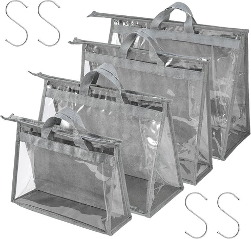 CINPIUK 4 Pack Clear Handbag Dust Bags, Zipper Hanging Storage Organizer for Closet, Grey Purse Storage Bag