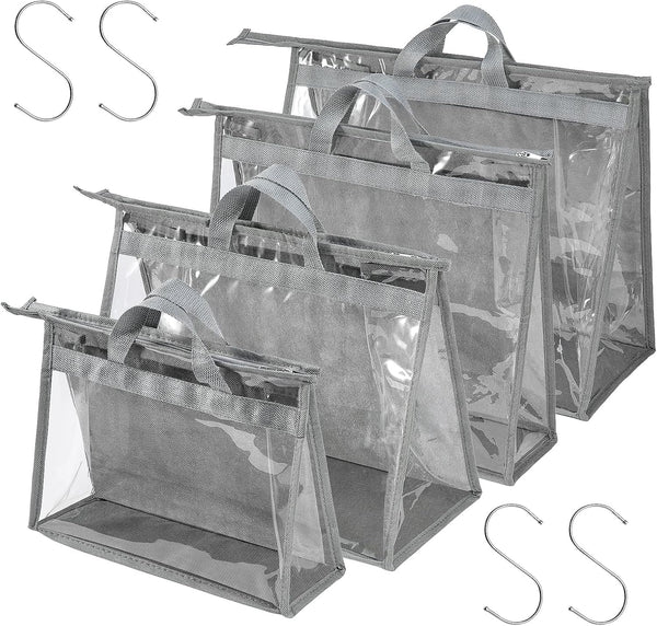 CINPIUK 4 Pack Clear Handbag Dust Bags, Zipper Hanging Storage Organizer for Closet, Grey Purse Storage Bag