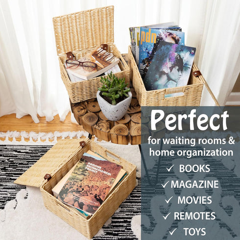 Milli's Product Set 3 Wicker Storage Baskets Hand Woven with Lids of (Large, Medium, Small) for Organizing Clothes