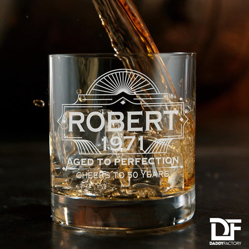 DaddyFactory Personalized Whiskey Glass for Men, Customized Engraved Monogram Rocks Cocktail Glass, 10.25 oz
