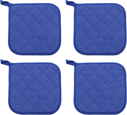 Cotton Pot Holders, Machine Washable Heat Resistant Everyday Kitchen Basic Terry Pot Holder Set of 4 (Dark Blue)