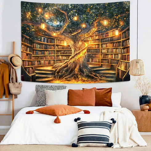 Xguatan 60X40IN Fantasy Library Tapestry, Mysterious Forest Tree Magic Bookshelf Aesthetic Tapestries , Witchy