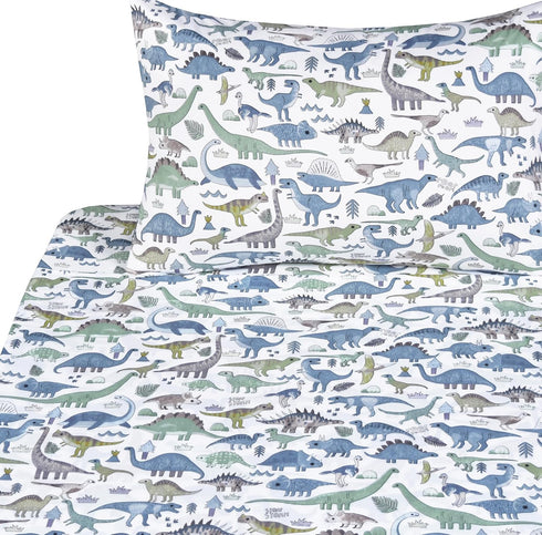 J-pinno 100% 3 Set Set Dinosaur World Blue Green Gray Cute Twin Cotton Pieces Sheet for Kids Boys Girls Children, Flat