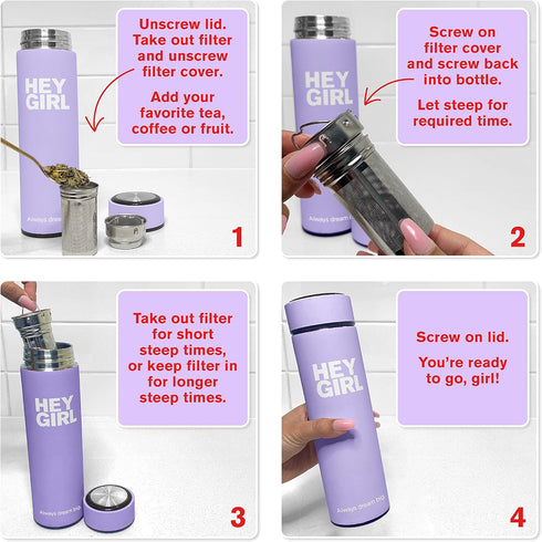Hey Girl 450ml Tea Infuser Bottle, Insulated Stainless Steel Tumbler with Diffuser, Portable Travel Mug for Tea Lovers