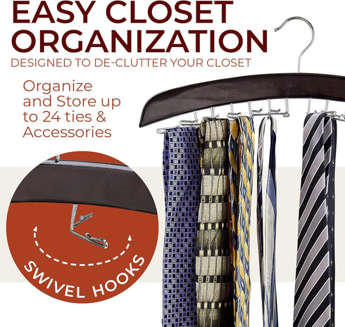 Richards Wooden Tie Rack, Hanging Organizer for Men's Closet Accessories, Holds 24 Ties, Walnut Wood