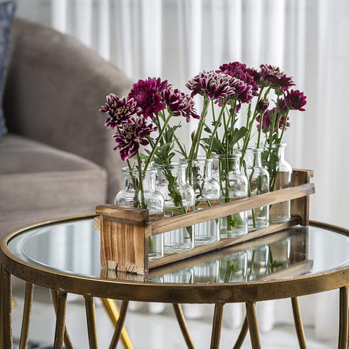 6 Beautiful Glass Flower Vase with Wooden Plant Stand & Bud Vases, Decorative Glass Bottles for Home Dcor, Dining Table