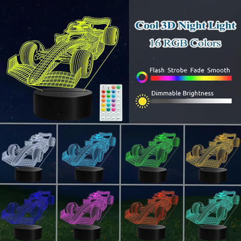 F1 3D 16 4 Dimmable, Car Night Light, Formula One Gifts, Illusion Lamp with Remote Control, RGB Colors, Flashing Modes