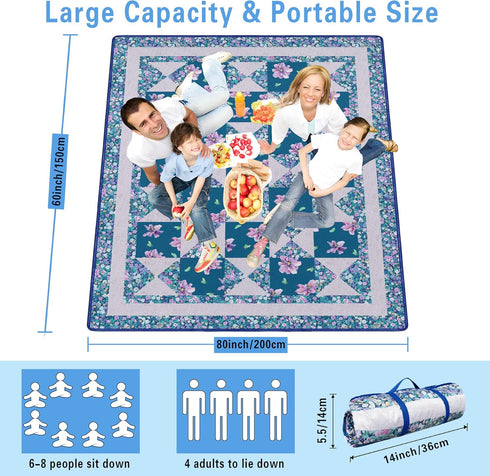 Supfitness (60"x 80") Sandproof,3-Layer Packable Extra Large Picnic Blankets Waterproof Foldable Beach Blanket