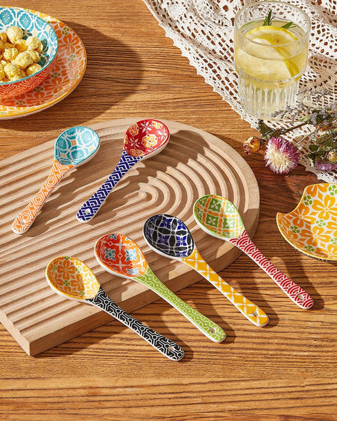Set of 6 Colorful Ceramic Small Serving Spoons, Dishwasher & Microwave Safe Soup Spoons for Cereal, Soups, Stews