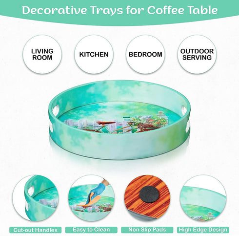 Set 2 Counter Crocon Round Wooden Ottoman Trays with Handles of Cycle Printed Farmhouse Decorative Serving Trays