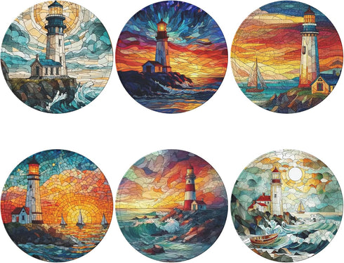 6 Set Lighthouse Coasters Leather Round Drink Coasters Pcs with Holderor for Cup Drink Coffee Table Bar Home Decor