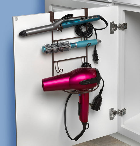 Spectrum Diversified myBella 4-Tier Over-The-Cabinet Station with Blow Dryer Holder, Bronze Hair Tool Storage Hooks
