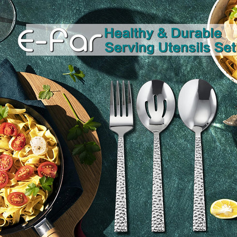 E-far 6-Piece Hammered Serving Utensils Set, 8.7 Inch Stainless Steel Hostess Spoons and Forks, Dishwasher Safe