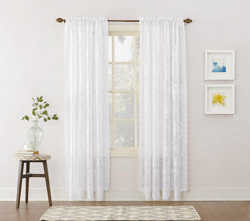 No. 918 Alison Floral Lace Sheer Rod Pocket Curtain Panel, 58" x 72", White