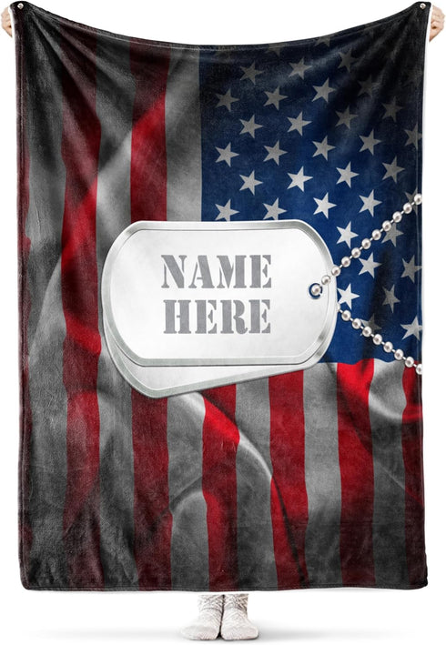 Cozy, 30x40) Ships Next Day, Made in USA - Personalized American Flag, Dog Tags Fleece Blanket Custom Name Throw Warm