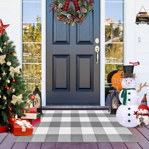 Buffalo Plaid Outdoor Rug, 2x3 Cotton Woven Rug, Grey and White Checkered, Washable