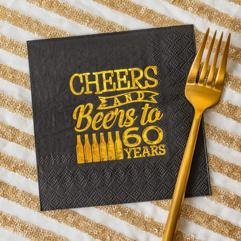 Crisky Cheers to 60 Years Napkins, Black and Gold, 60th Birthday Decorations, 60 PCS, 3-Ply