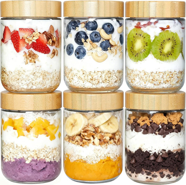 Vtopmart 6 Pack 16oz Glass Overnight Oats Containers with Bamboo Lids, Portable