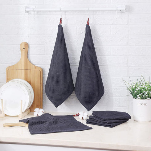 Kitinjoy 100% Cotton Kitchen Dish Cloths, 6 Pack Waffle Weave Ultra Soft Quick Drying Towels, Dark Grey
