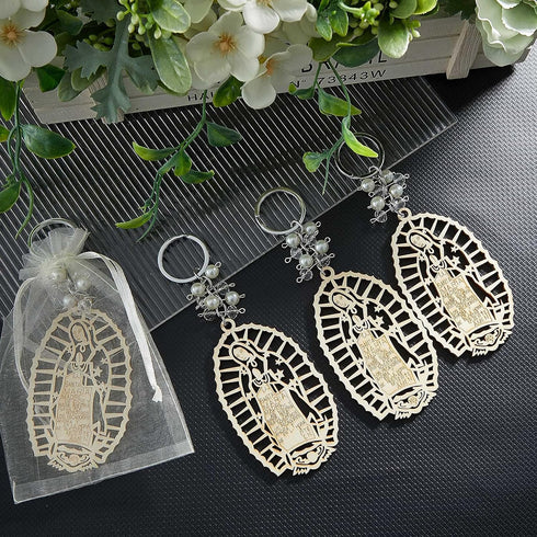 Hicarer Baptism Our Lady of Guadalupe Wood Design Keychain with Organza Gift Bags for Baptism