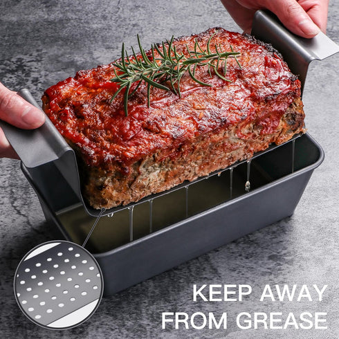 HONGBAKE Meatloaf Pan with Drain Tray, 9 x 5 Inches Loaf Pans with Insert, Nonstick Meat Loaf for Baking, Reduce the Fat and Kick Up the Flavor, Grey