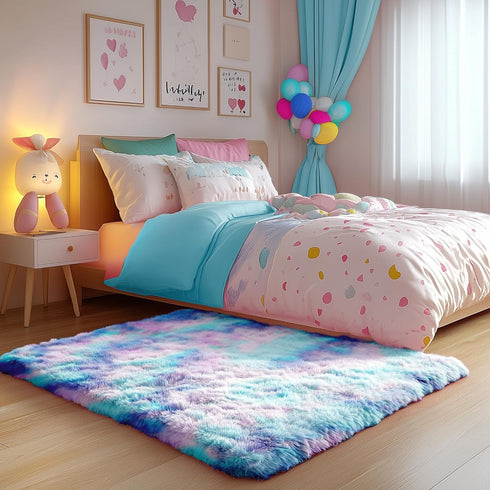 4x6 PAGISOFE Cute Furry Pastel Rug for Girls Bedroom, Soft Adorable Rainbow Purple Tent Rugs for Livingroom, Kid