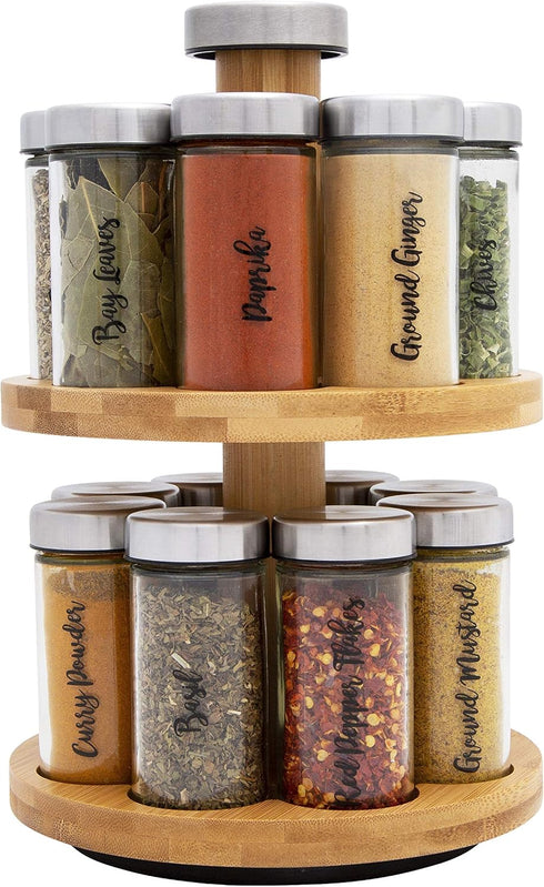 Orii 16 Jar Spice Rack with Included Spices - Rotating 2 Tier Bamboo Wood Countertop Organizer for Kitchen
