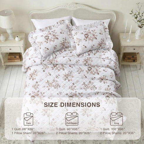 1 2 68x86 inches HORIMOTE HOME Khaki Ruffled Quilt Twin Size with Pillow Sham, Shabby Chic Floral Printed Reversible