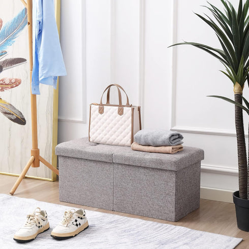 CUYOCA Storage Ottoman Bench, Foldable Seat Footrest with 75L Storage Space, Grey Linen Fabric