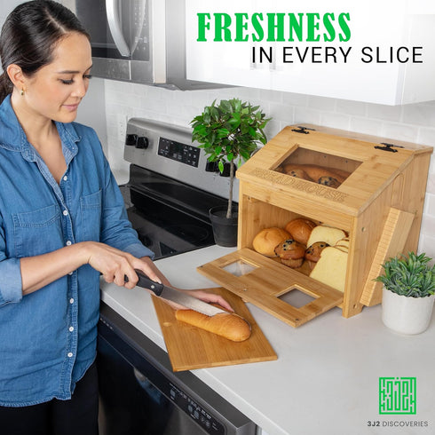 Countertop Bread Box for Kitchen Large Wooden Bamboo Bread Box with Cutting Board (SELF-ASSEMBLY)