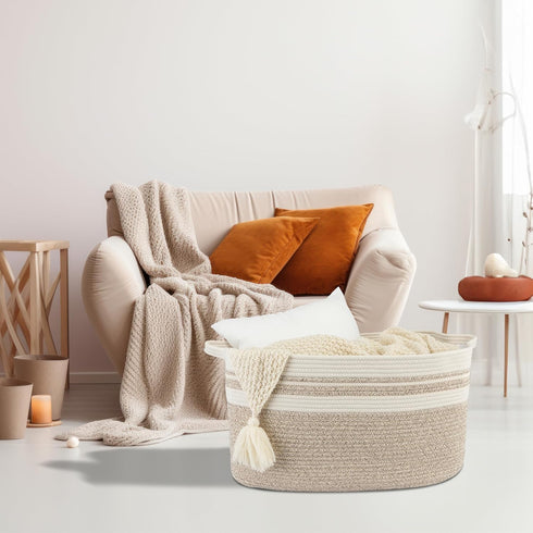 Large Rectangle Blankets Basket, 22"x17"x12" Woven Cotton Rope Storage Basket for Nursery Toy Basket, White Brown