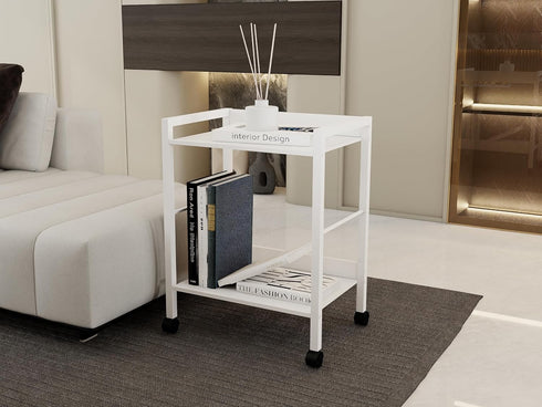 2-Tier Rolling Utility Cart with White Shelves and White Metal Frame, Industrial Mobile Storage Trolley on Wheels