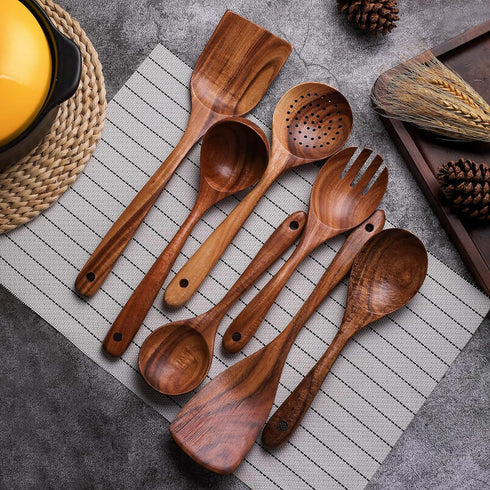 Wooden Non-Stick Kitchen Pan Toolset, 7 Pieces, 100% Natural Teak Cooking Utensils Set