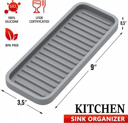 ZAPPOWARE Silicone Kitchen Sink Caddy Sponge Holder 9x3.5 (2-pack) Gray - Organizer for Bathroom Vanity Tray and