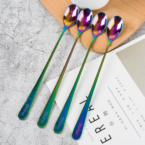 Long-handled Ice Tea Spoon, Cocktail Stir Spoons, Stainless Steel Coffee Spoons, 9 Inch Iridescent Scoop