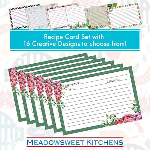 Meadowsweet Kitchens Recipe Card Set: 25 Recipe Cards 4 x 6 Inch for Wedding, Bridal Shower, Green & Peonies