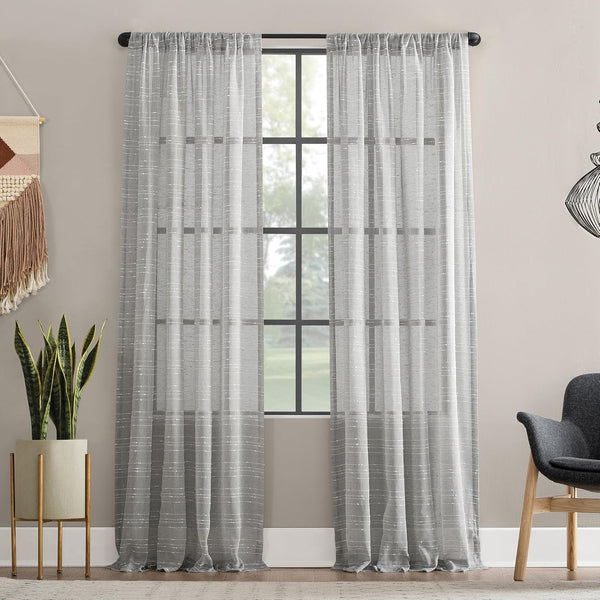 Clean Window Textured Slub Stripe Anti-Dust Allergy/Pet Friendly Sheer Curtain Panel, Gray, 52" W x 63" L
