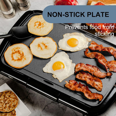 OVENTE Electric Griddle with 16 x 10 Inch Non-Stick Cooking Surface, Adjustable Thermostat for Indoor Grill - Black