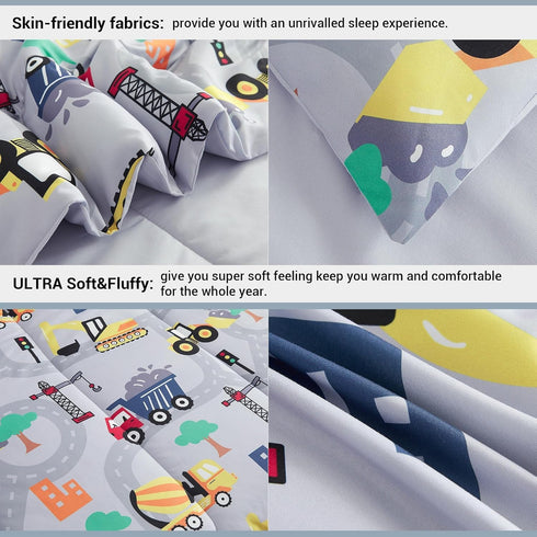Sets 6 Set Set, Mooreeke Kids Twin Comforter for Boys Pieces Excavator Grey Bedding for Teens Soft Microfiber Kids Bed