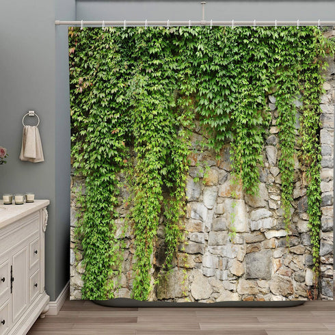 Stone Brick Wall Shower Curtain 70Wx70H Inch, Green Leaves Garden Landscape Fabric Bathroom Accessories