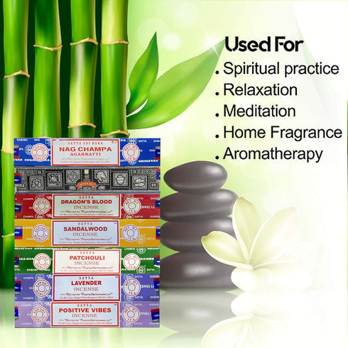 Satya Incense Gift Set - Nag Champa, Super Hit, Dragon's Blood, Sandalwood, Patchouli, Lavender, Positive Vibes, 15 g