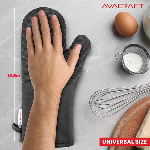 AVACRAFT Oven Mitts Pair, Flexible 100% Cotton with Heat Resistant Silicone, Thick Terry Cloth Interior, 500°F (Grey)