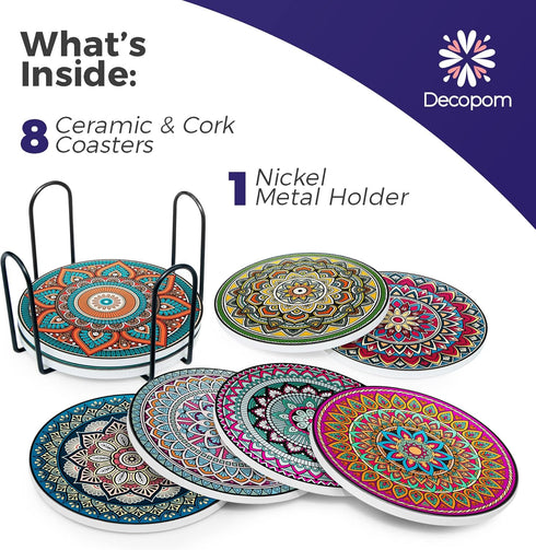 8 Set Mandala Drink Coasters with Holder - Ceramic Boho Coaster for Drinks Absorbent with Cork Base and Black Holder