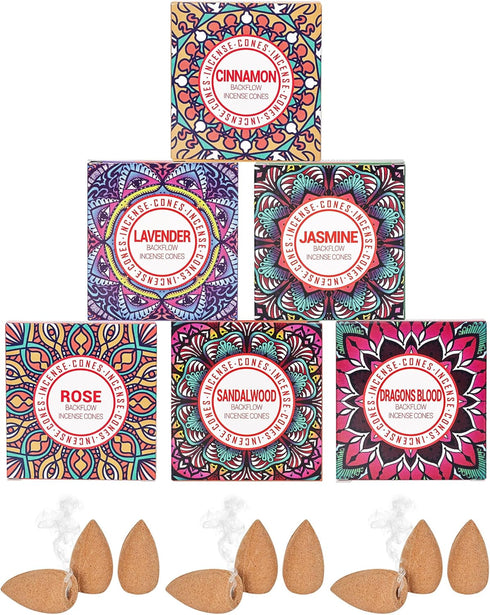 Backflow Incense Cones, Set of 6 Natural Scents for Purification, Relaxation, Yoga, Meditation