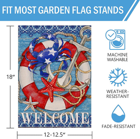 Welcome Summer Nautical Crab Decorative Small Garden Flag, Coastal Beach Anchor Lifebuoy Home Outside House Yard Decoration, Starfish Sea Ocean Farmhouse Outdoor Decor Double Sided 12 x 18