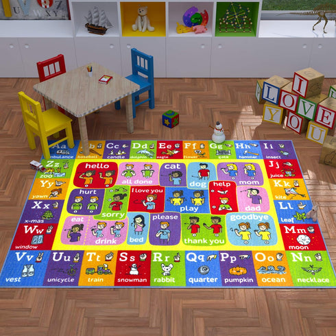 3x5 KC Cubs ABC Alphabet ASL Sign Language Rug Educational Non-Slip Carpet Play Mat for Kids, Toddlers, Nursery