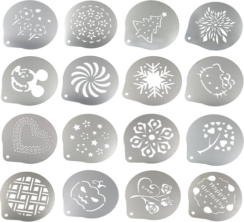 Lofekea Stainless Steel Powder Shakers, 16PCS Barista Stencils for Coffee Decorating and Baking